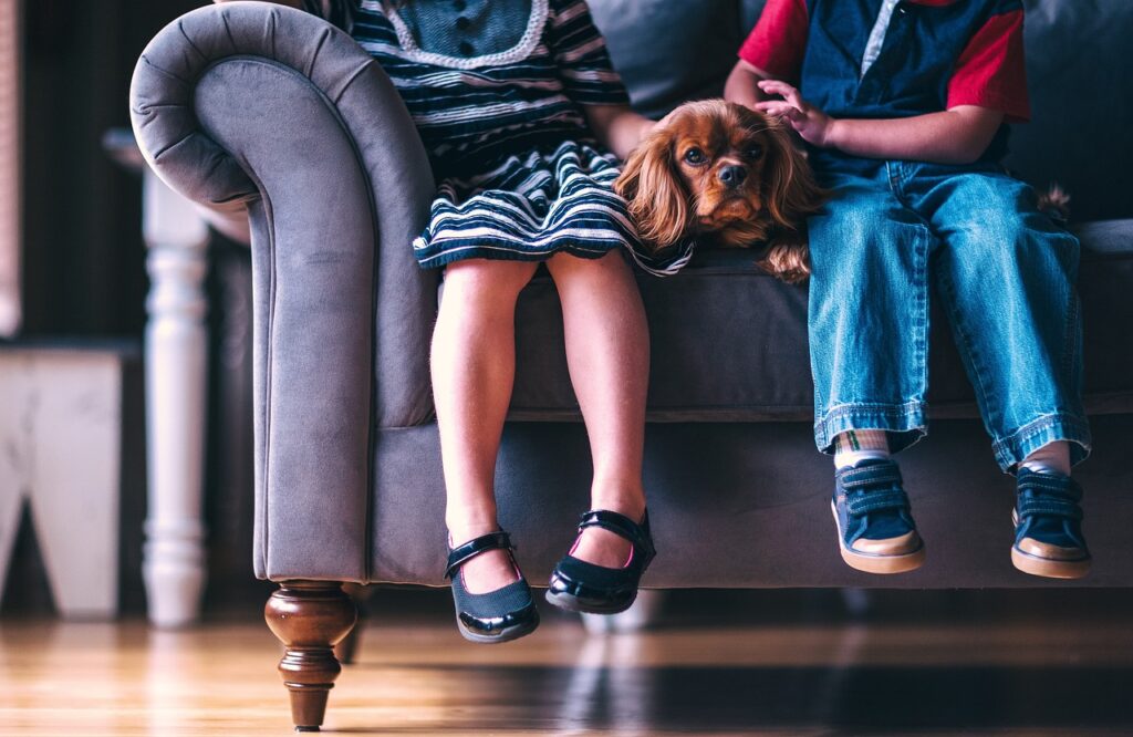 a dog sitting on a couch between two children