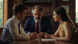 lawyer and divorcing couple sitting at table